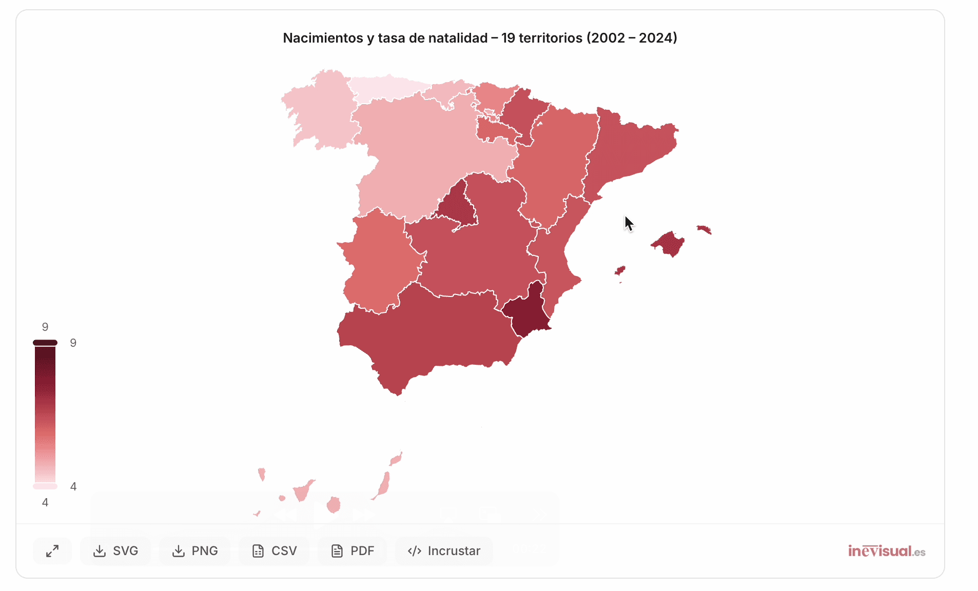 Mapa de España con tooltip mostrando datos de una comunidad autónoma